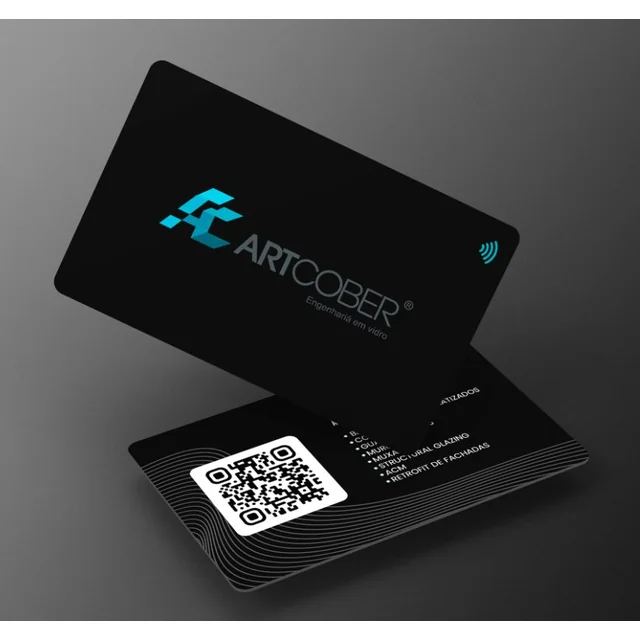 Projeto de cartão NFC personalizado Artcober, com frente e verso pretos e marca em azul turquesa