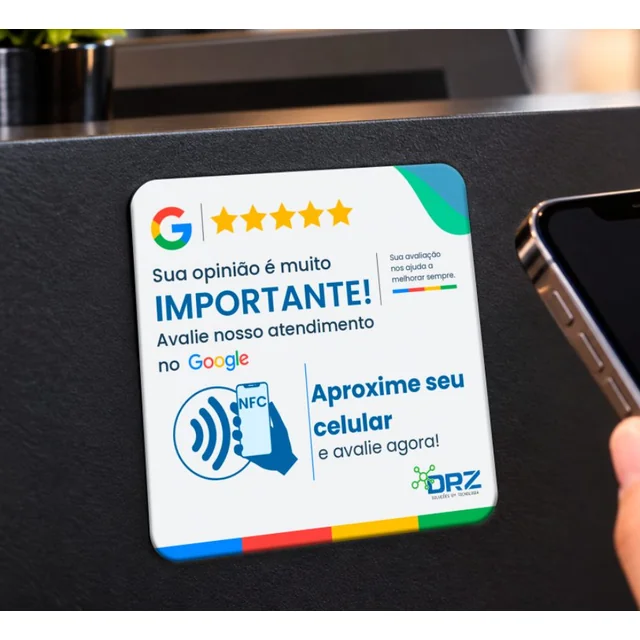 Projeto de tag NFC 10x10 cm personalizada para DRZ Tecnologia, com chamada para avaliação no Google